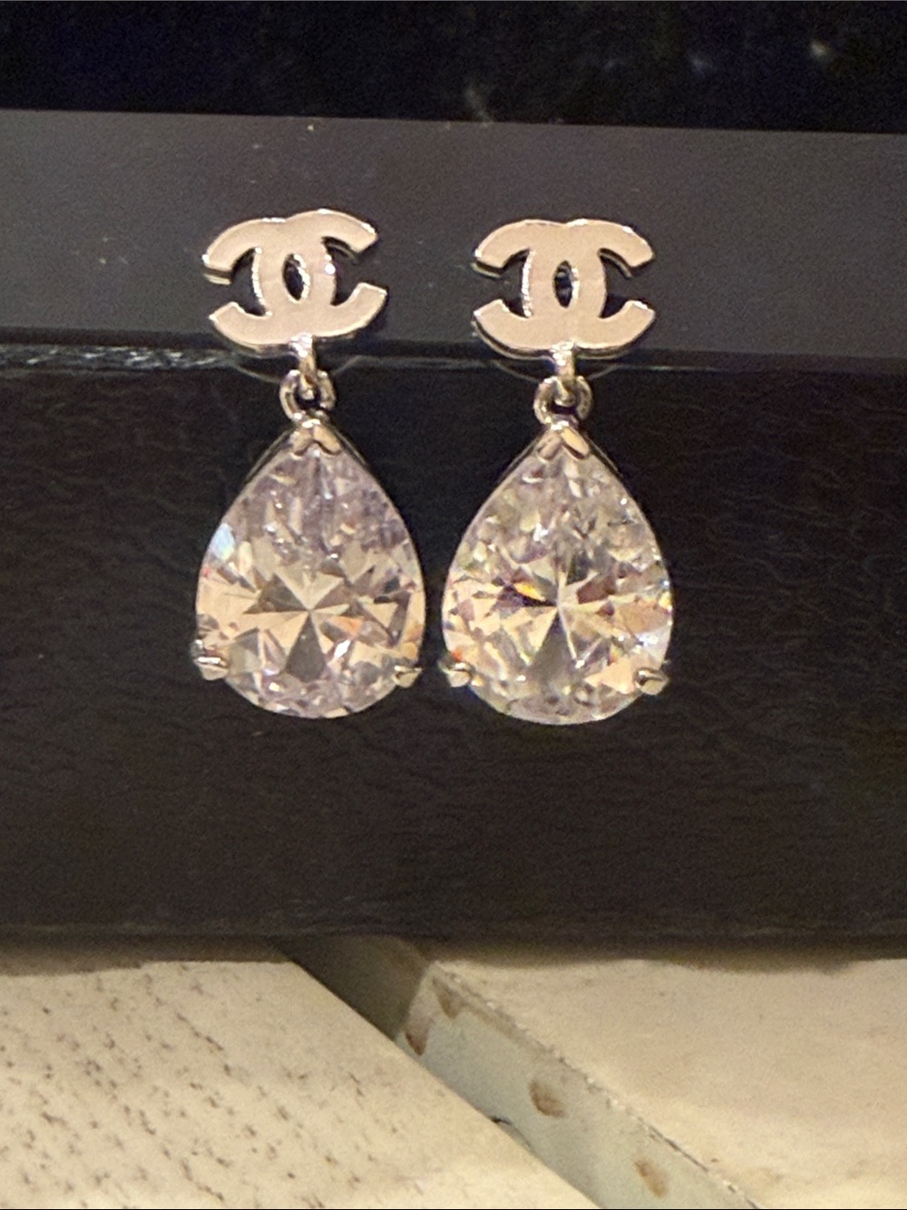 Designer style Silver Logo Drop Earrings with Clear Teardrop Crystals